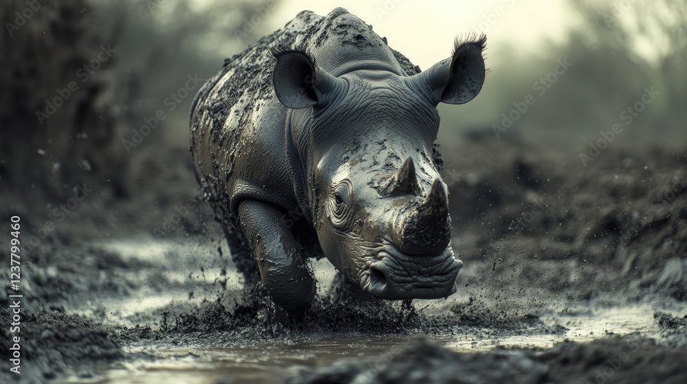 Young rhinoceros playing in the mud, its skin covered in dirt and water droplets. Young rhinoceros playing in the mud, its skin covered in dirt and water droplets.