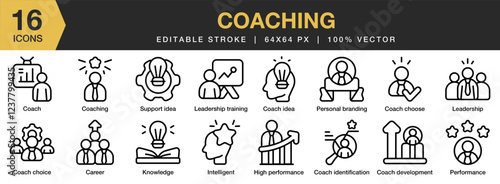Coaching icon set. Editable Stroke Icon Collection. Includes coach, training, motivation, person, learning, and More. Outline icons vector collection.