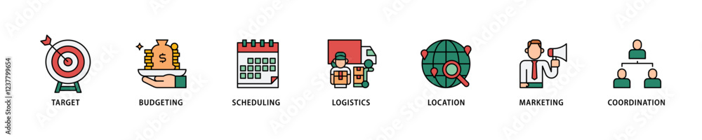 Event management icon set flow process which consists of target, budgeting, scheduling, logistics, location, marketing, and coordination icon live stroke and easy to edit . Event management icon set flow process which consists of target, budgeting, scheduling, logistics, location, marketing, and coordination icon live stroke and easy to edit .
