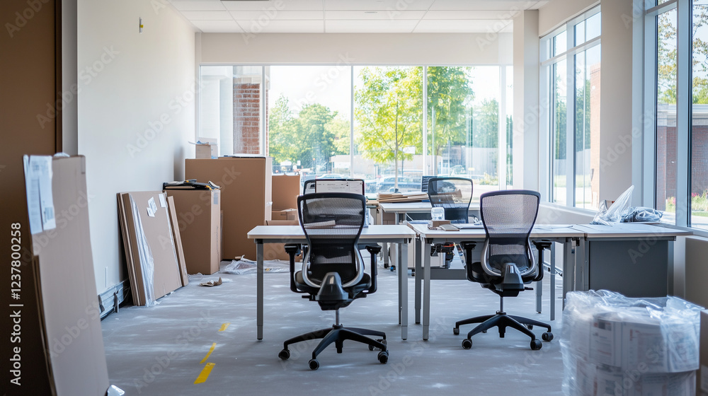 Fototapeta premium Bright and modern office with furniture and supplies, awaiting the final touches of a corporate move-in.
