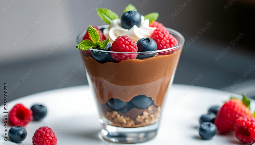 Photorealistic chocolate mousse dessert, glass cup, layered dessert, fresh berries, raspberries, blueberries, mint leaves, vibrant colors, high detail, soft lighting, bokeh background, food photograph Photorealistic chocolate mousse dessert, glass cup, layered dessert, fresh berries, raspberries, blueberries, mint leaves, vibrant colors, high detail, soft lighting, bokeh background, food photograph