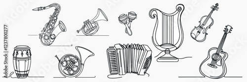 Vector Set of  one line drawing illustration of musical instruments stringed wind and percussion instruments  . Simple Illustration for Minimalist Design.