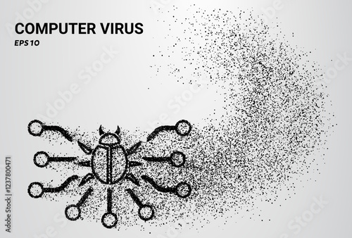 A computer virus depicted with small circles and dots, with particles swirling around it. Vector illustration.