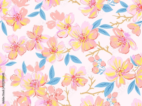 A seamless pattern of abstract cherry blossoms. Hand-painted cherry blossom wallpaper for spring.