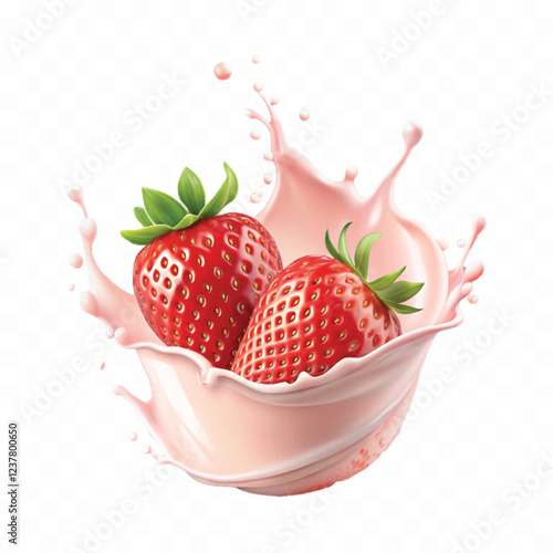 realistic 3d milk or yogurt splash with strawberries isolated on white background