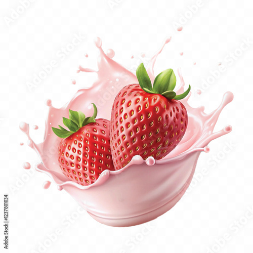 realistic 3d milk or yogurt splash with strawberries isolated on white background