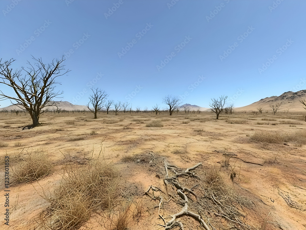 Fototapeta premium Dry desert landscape, dead trees, mountains. Climate change impact visuals
