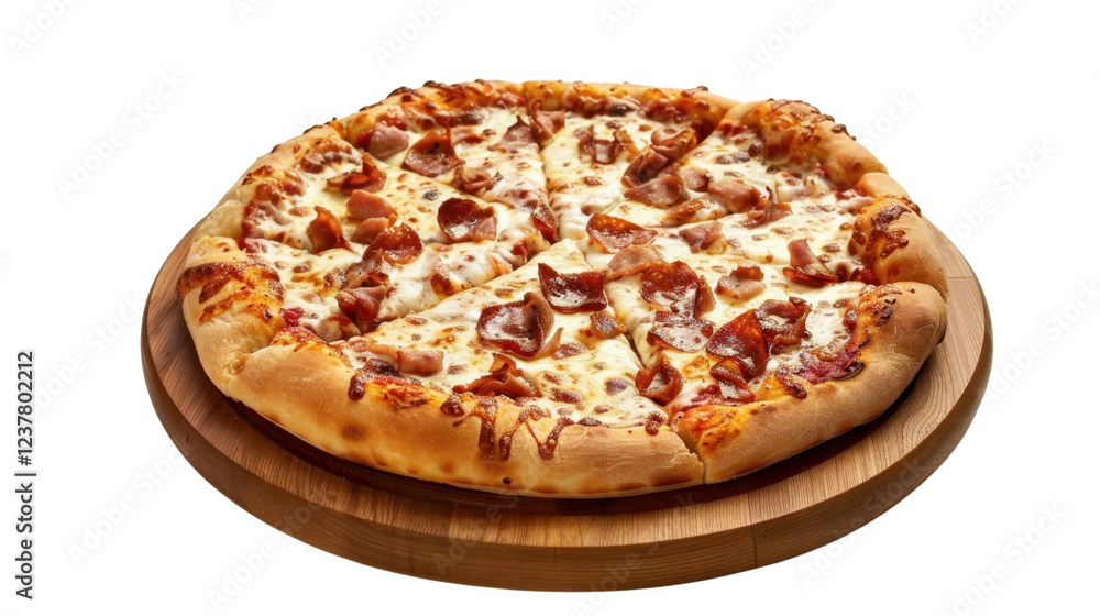 Delicious pepperoni pizza resting on wooden board with transparent background Delicious pepperoni pizza resting on wooden board with transparent background