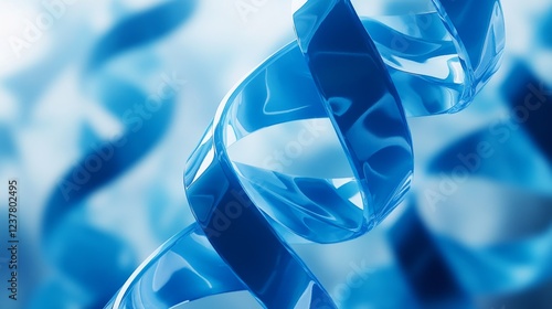 Close-up view of shimmering blue dna double helix structure with intricate details against a blurred background, representing genetics, molecular biology, and scientific research in biotechnology and  photo