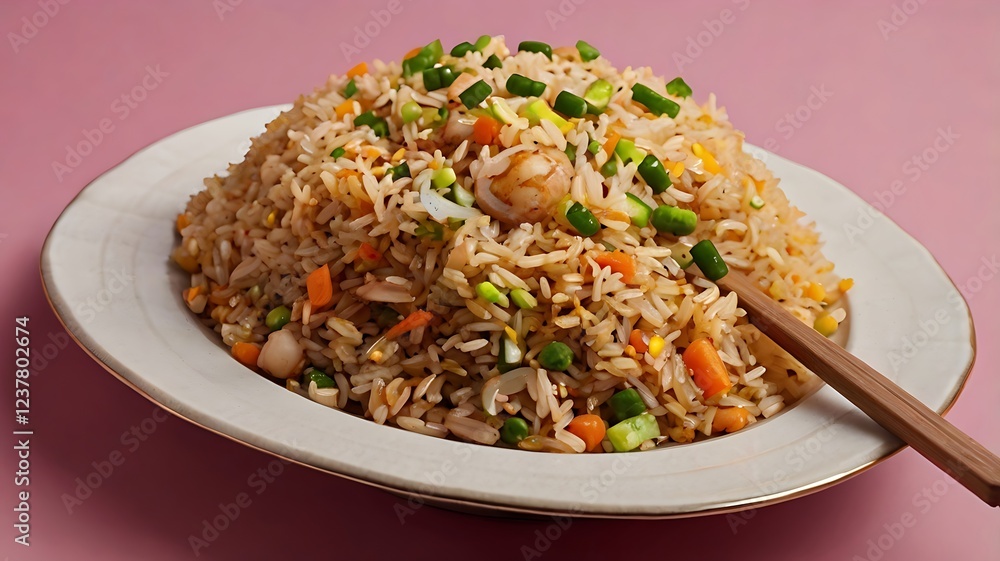 A shiny Fried Rice food set against a pink background. A shiny Fried Rice food set against a pink background.