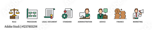 Guideline icon set flow process which consists of rule, procedure, legal document, standard, administration, advice, finance, marketing icon live stroke and easy to edit .