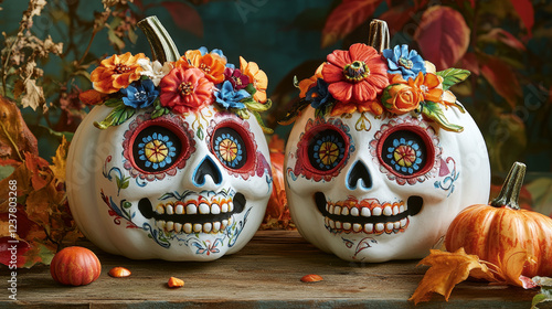 Halloween or Day of the Dead party mexican pumpkins, Dia De Los Muertos holiday decorations. Vector pumpkin sugar skulls with cartoon calavera and flower ornaments, carved mouths, teeth and eyes photo