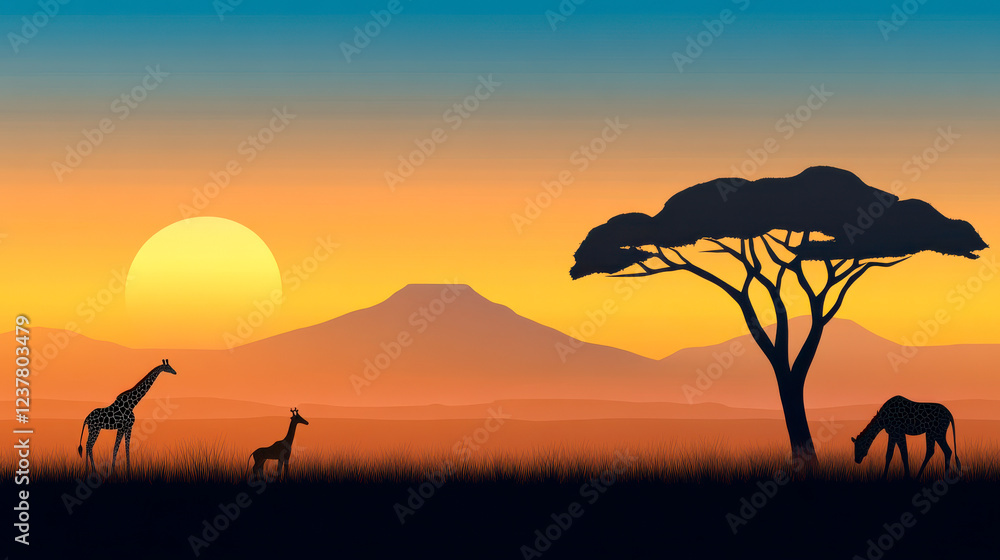 A serene sunset scene featuring silhouetted giraffes and a tree against a colorful sky with mountains in the background. A serene sunset scene featuring silhouetted giraffes and a tree against a colorful sky with mountains in the background.