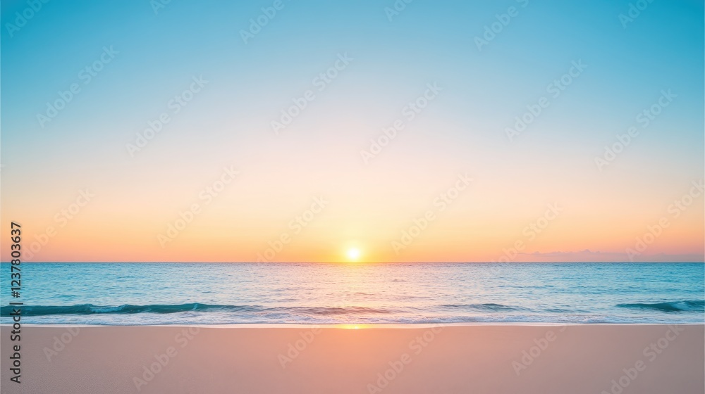 Serene sunset over a calm ocean with gentle waves lapping at a sandy shore Serene sunset over a calm ocean with gentle waves lapping at a sandy shore
