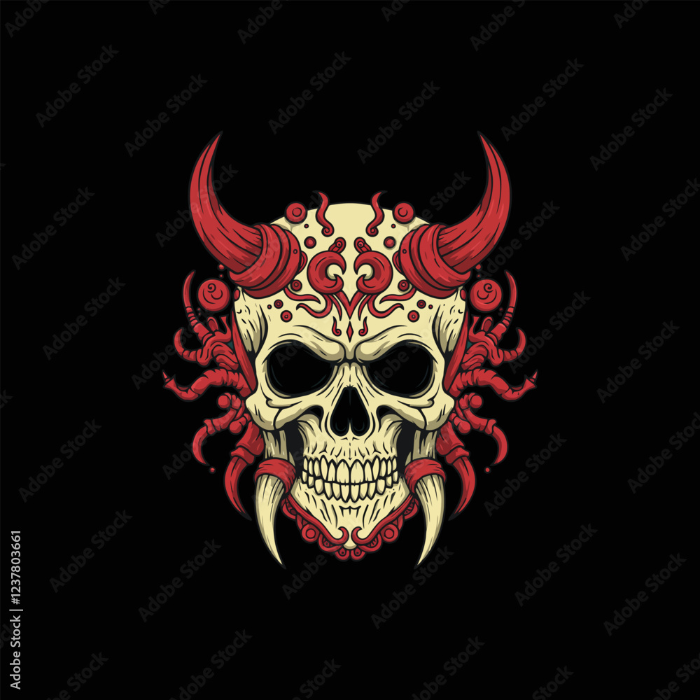 Ornate Skull with Red Horns A Dark, Artistic Illustration Ornate Skull with Red Horns A Dark, Artistic Illustration