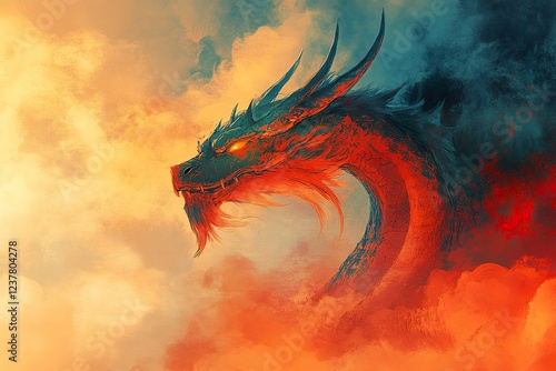 Fiery Dragon Emerging From Clouds Of Orange And Teal