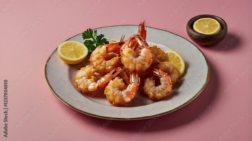 A shiny Fried Shrimp food set against a pink background. A shiny Fried Shrimp food set against a pink background.