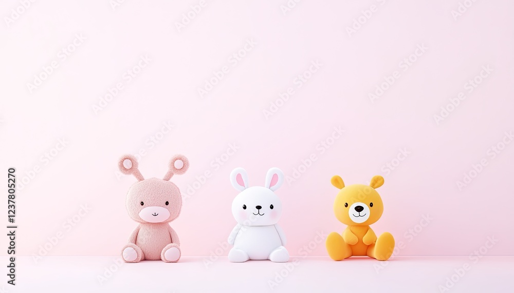 Three colorful, cute plush toys arranged on a soft pink background, ideal for children's decor or gifts Three colorful, cute plush toys arranged on a soft pink background, ideal for children's decor or gifts