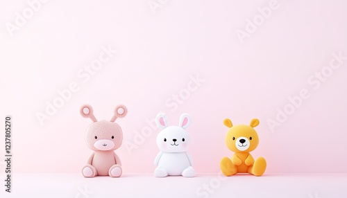 Wallpaper Mural Three colorful, cute plush toys arranged on a soft pink background, ideal for children's decor or gifts Torontodigital.ca