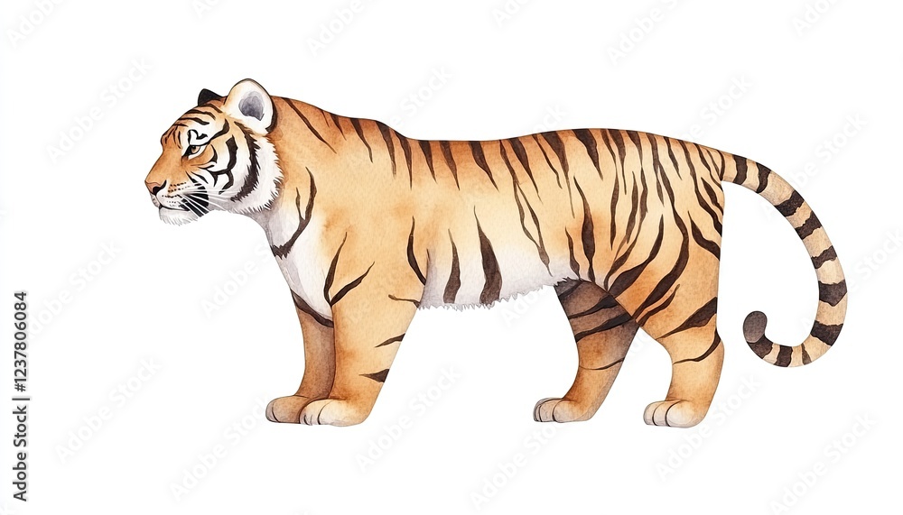 Realistic illustration of a tiger standing in profile against a plain background Realistic illustration of a tiger standing in profile against a plain background