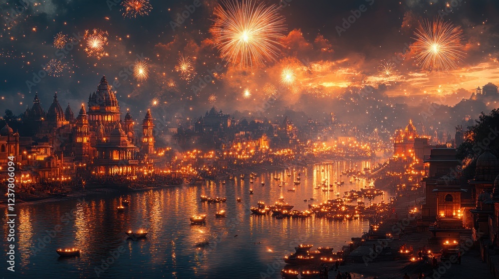 Naklejka premium Spectacular Varanasi Ghats Illuminated During Diwali