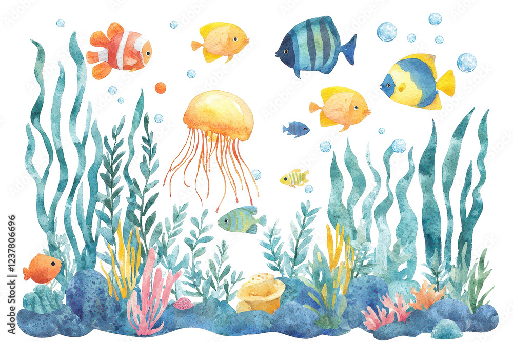 Naklejka premium Colorful underwater scene featuring various fish, a jellyfish, and vibrant aquatic plants.