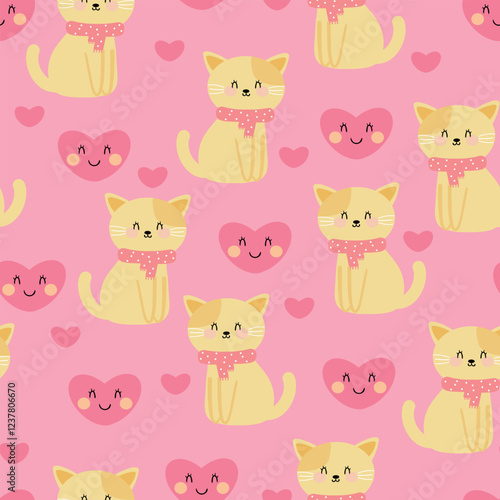 Wallpaper Mural Seamless pattern cute cartoon cat with pink heart. cute animal pattern for valentine wallpaper, background and gift wrap paper Torontodigital.ca