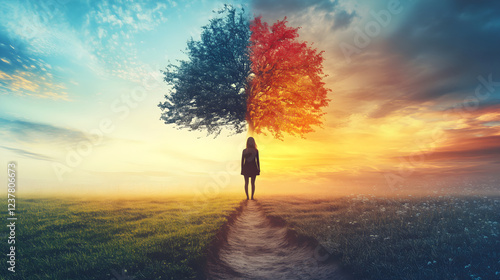person stands at crossroads, surrounded by tree split between seasons, symbolizing life journey and choices