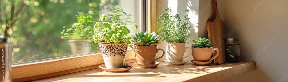 Fototapeta premium A sunny urban kitchen featuring vibrant succulents in creative DIY planters made from recycled materials.