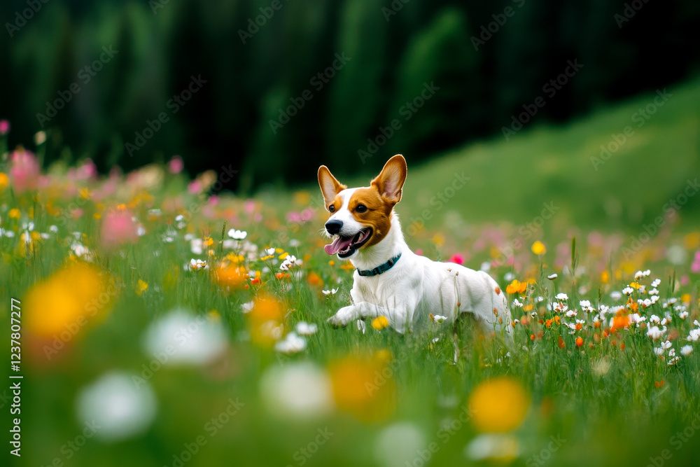 Fototapeta premium A playful dog frolics through a vibrant field of wildflowers, embodying joy and the beauty of nature.