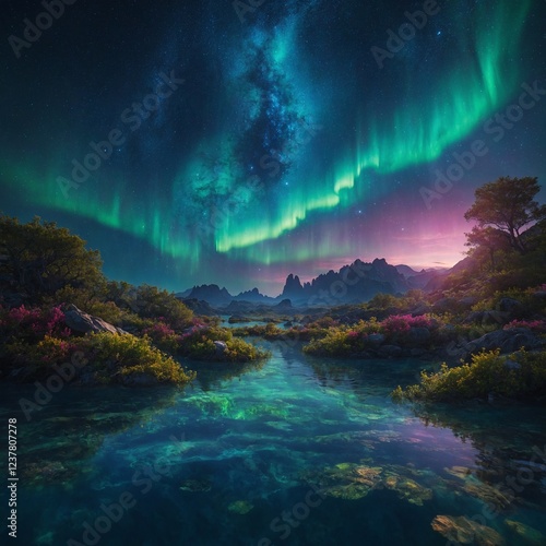 An endless cosmic sanctuary with floating gardens, ethereal sapphire waters, and flowing divine auroras. photo