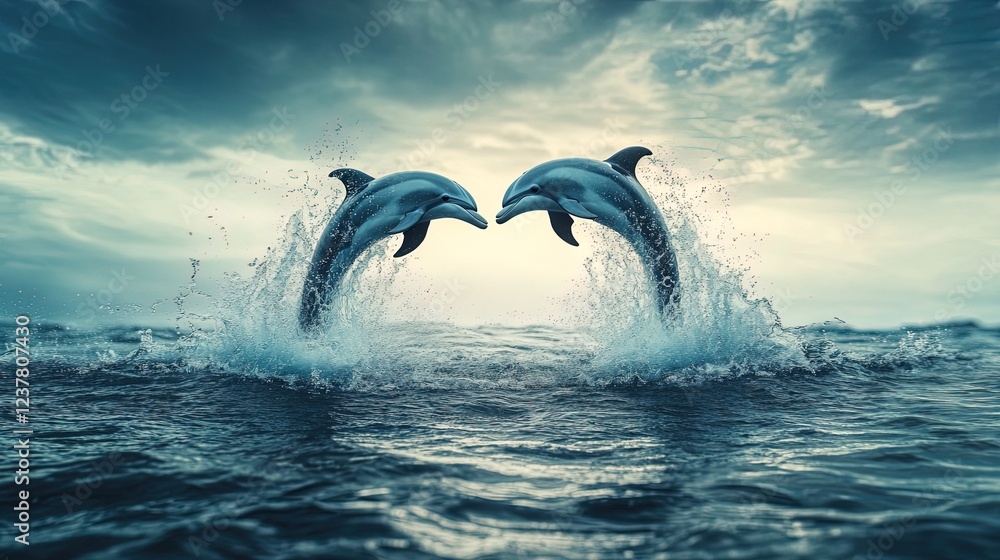 Fototapeta premium A pair of dolphins leaping out of the ocean, creating a heart-shaped splash in the water