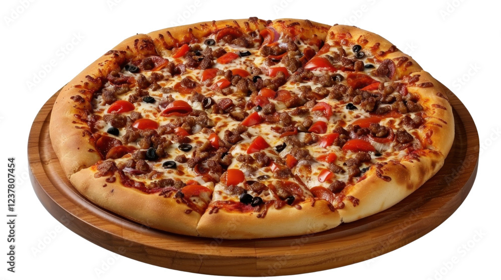 Sliced pizza with various toppings on a wooden plate, isolated on a transparent background Sliced pizza with various toppings on a wooden plate, isolated on a transparent background