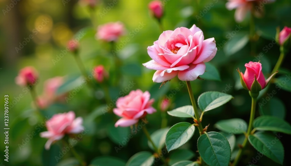 Rose bush in full bloom with delicate pink petals and slender stems amidst lush greenery, summer garden, flower crowns, garden decor Rose bush in full bloom with delicate pink petals and slender stems amidst lush greenery, summer garden, flower crowns, garden decor