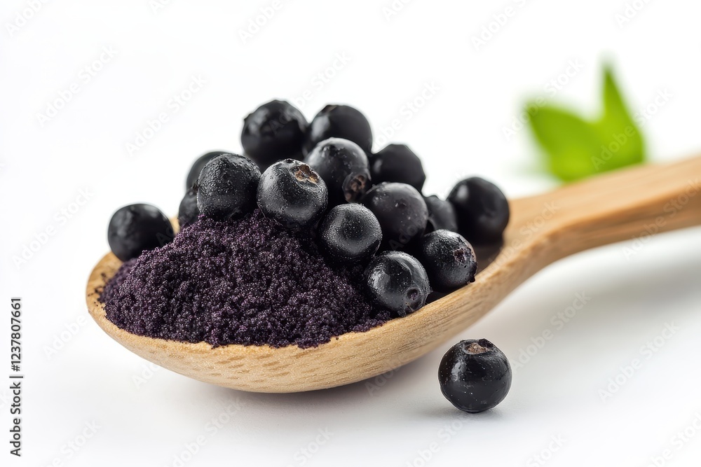 Aronia berries Chokeberry powder in wooden spoon isolated on white