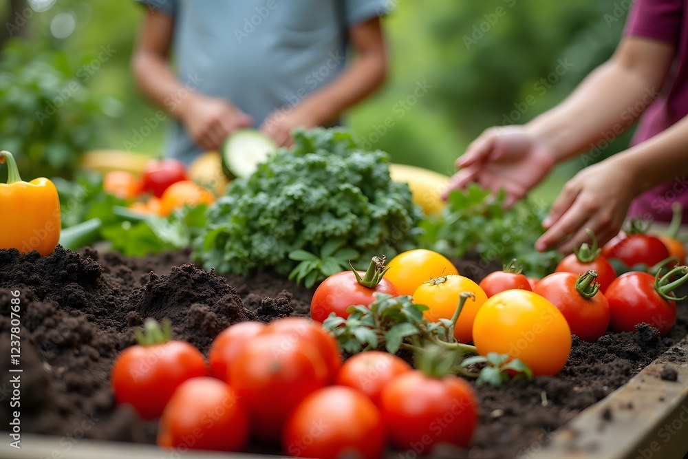 Vibrant community composting center displays colorful vegetables and fertile soil. Vibrant community composting center displays colorful vegetables and fertile soil.