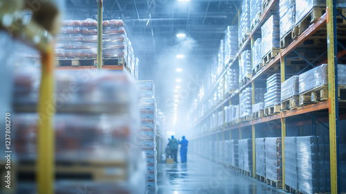 A large cold storage warehouse filled with neatly organized food products on industrial shelves. Cold mist drifts as bright overhead lighting reflects off metal surfaces, with workers 