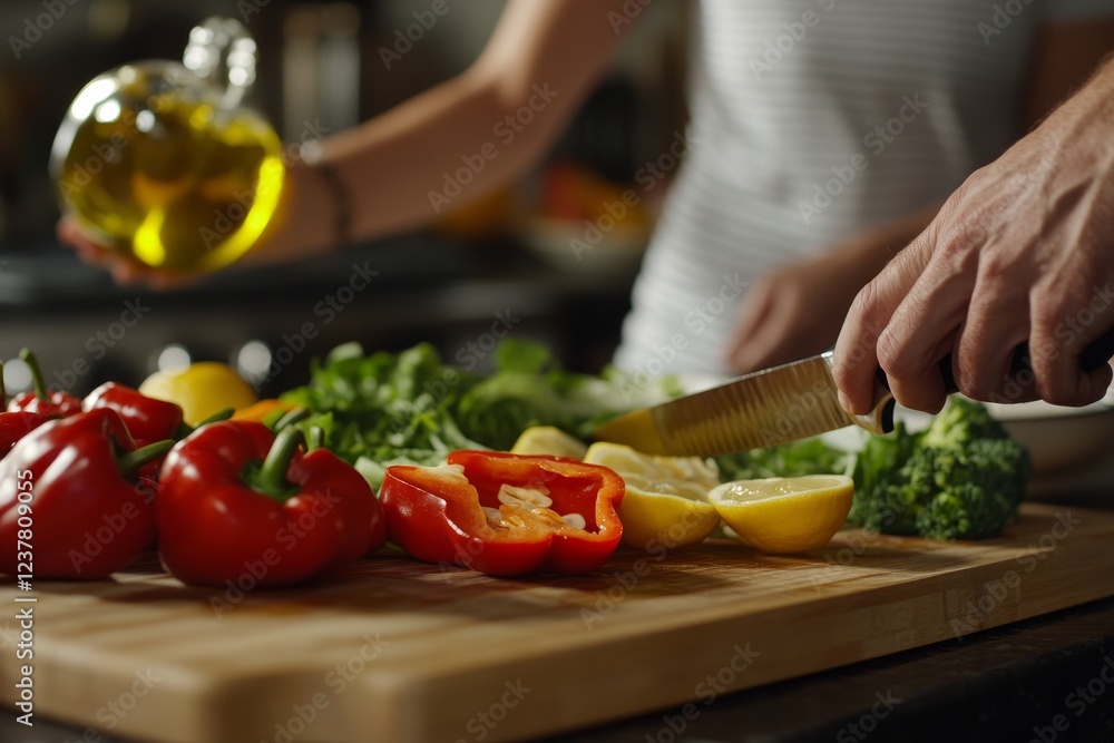 Couple preparing healthy meal, chopping vegetables and pouring olive oil on wooden cutting board. Couple preparing healthy meal, chopping vegetables and pouring olive oil on wooden cutting board.