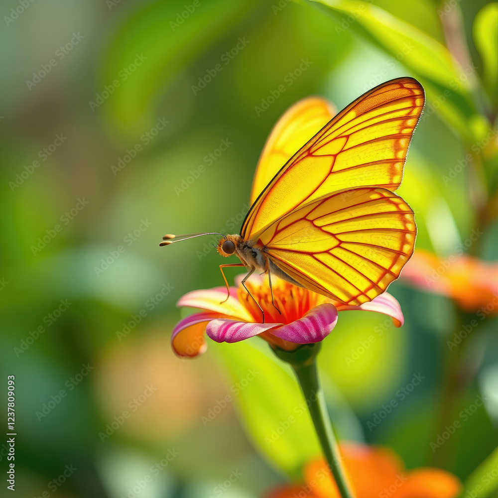 Obraz premium Stunning macro shot of yellow butterfly on colorful flower with soft focus of green leaves behind it, floral, meadow