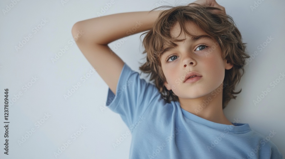 boy posing in light blue t-shirt boy posing in light blue t-shirt