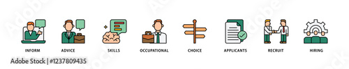 Job fair icon set flow process which consists of the information, advice, skills, occupational, applicants, recruit, and hiring icon live stroke and easy to edit .