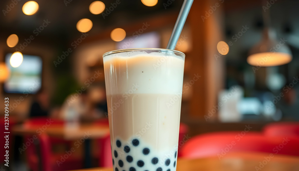 Bubble tea, pearl milk tea, tapioca pearls, creamy drink, white straw, glass cup, bokeh background, warm lighting, cafe ambiance, close-up shot, soft focus, appetizing beverage, Asian drink, trendy re Bubble tea, pearl milk tea, tapioca pearls, creamy drink, white straw, glass cup, bokeh background, warm lighting, cafe ambiance, close-up shot, soft focus, appetizing beverage, Asian drink, trendy re