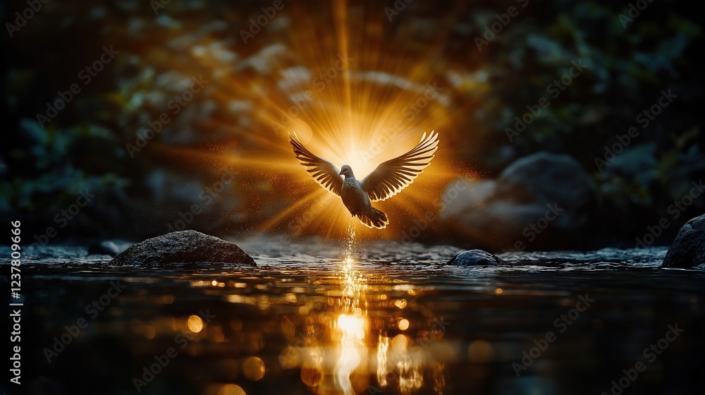 Obraz premium A radiant white dove soaring above water with golden light beams illuminating its path, surrounded by a serene natural setting and creating a divine atmosphere