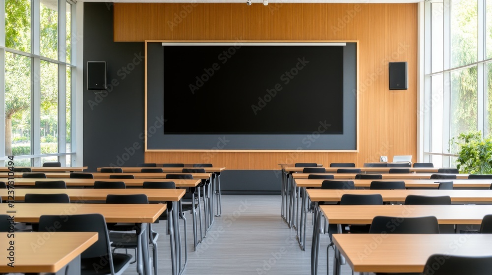 Fototapeta premium Modern Classroom Interior With Desks, Blackboards, Windows, and Natural Light for Educational Purposes