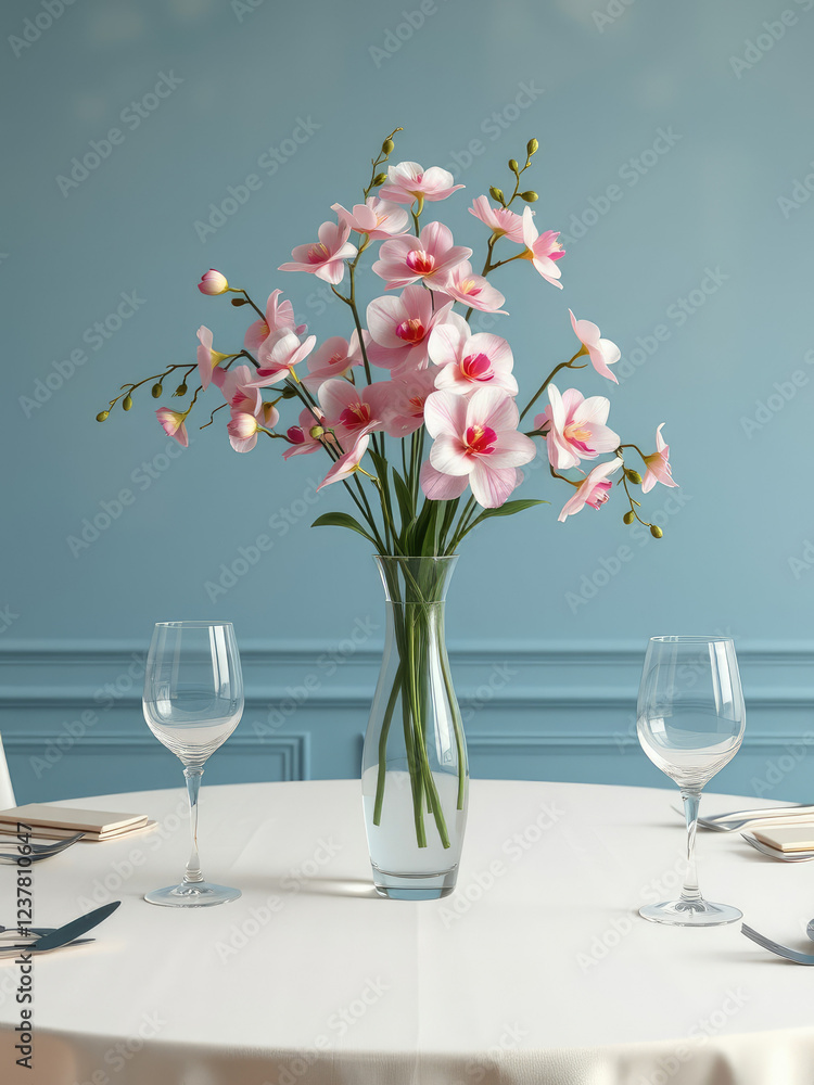 Fototapeta premium Table setting with elegant vase filled with flowers against blue painted wall, event planning, celebration, sophistication., dinner party