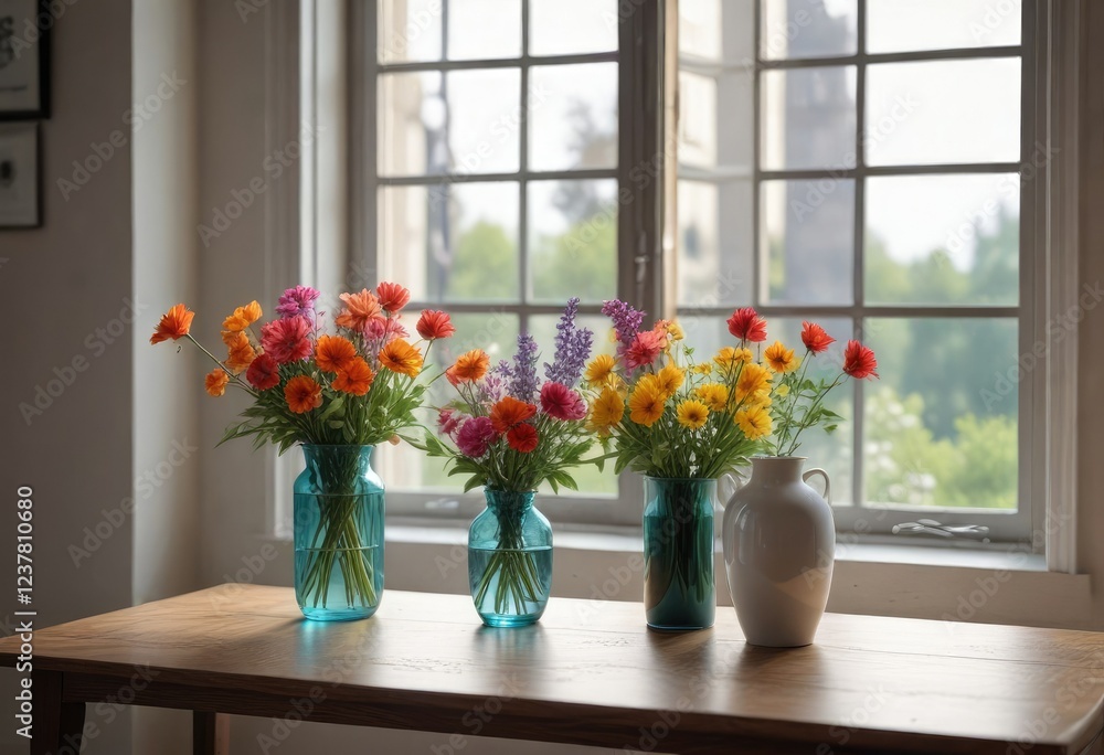 Fototapeta premium Table against a window with a vase of fresh flowers in a quiet study room, flowers, peaceful ambiance