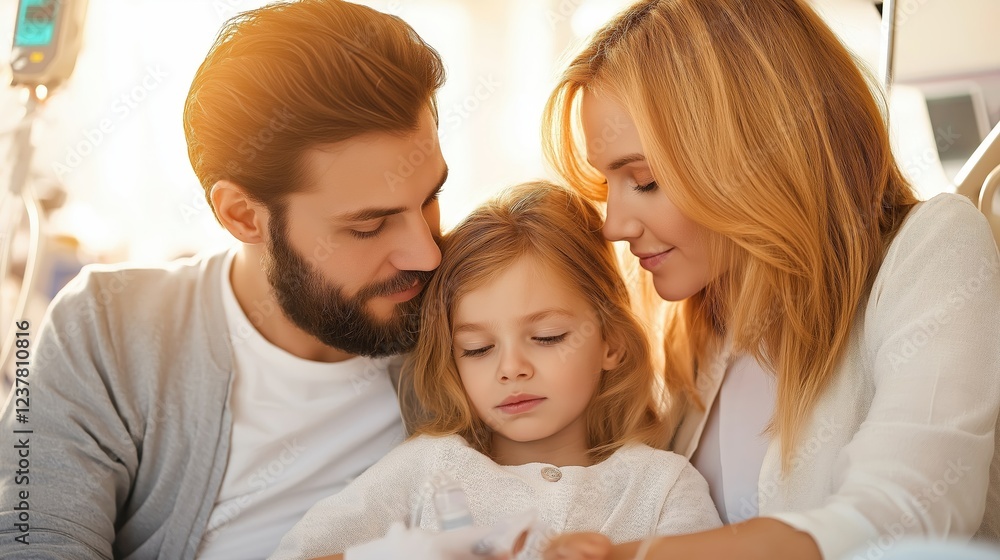 A loving family comforting their child in a hospital room, surrounded by warm sunlight, creating a caring and hopeful atmosphere A loving family comforting their child in a hospital room, surrounded by warm sunlight, creating a caring and hopeful atmosphere