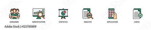 Kyc icon set flow process which consists of analysis, check, application, statistics, identification, consumer icon live stroke and easy to edit .