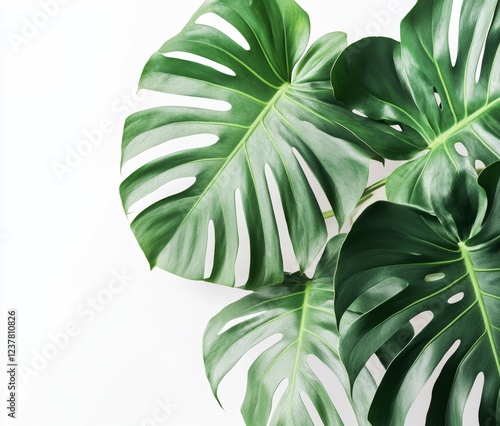 Lush Monstera leaves against white, studio shot, botanical design