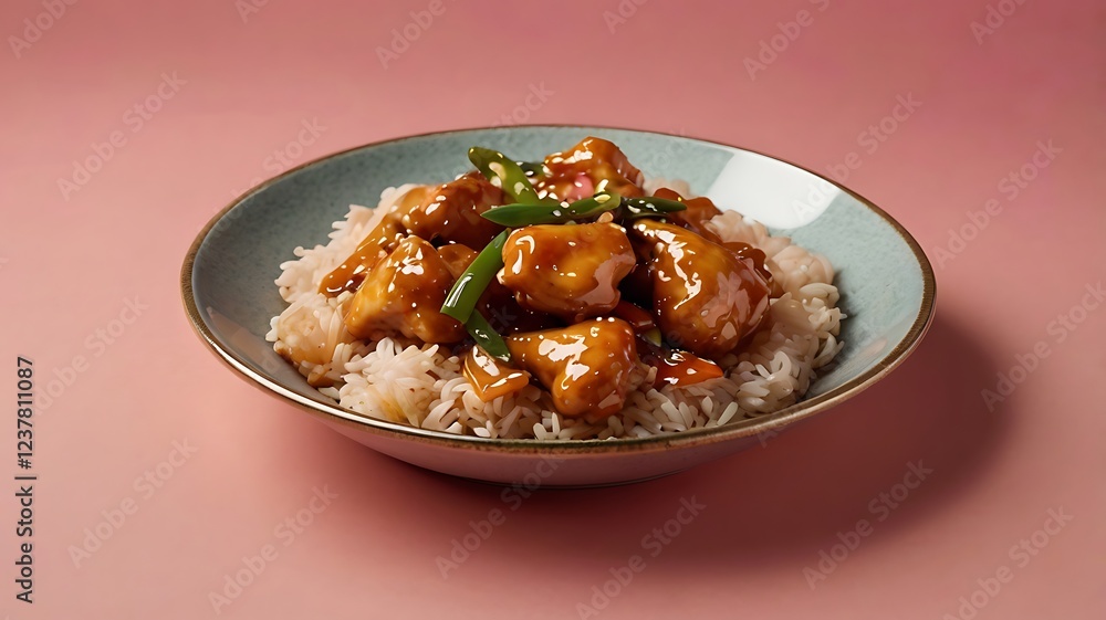 A shiny Orange Chicken food set against a pink background. A shiny Orange Chicken food set against a pink background.